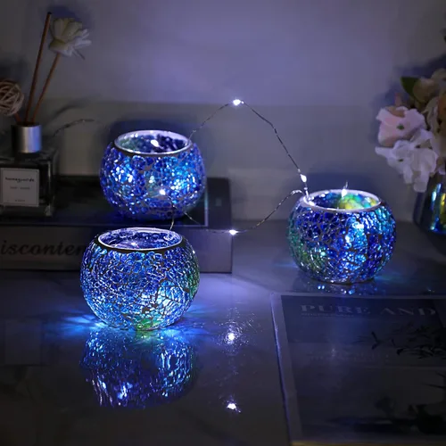 Vista 2 de OwnMy Juego de 3 portavelas de té de vidrio de mosaico azul, cuenco redondo, portavelas votivas, candelabros de mosaico de vidrio, candelitas