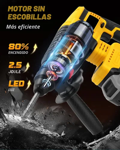Vista 3 de Taladro de martillo SDS inalámbrico para batería Dewalt 20V MAX, taladro de martillo giratorio sin escobillas con embrague de seguridad