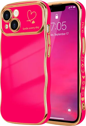 Vista 41 de LCHULLE - Funda para iPhone Air, linda para mujeres y niñas, con forma de onda, color azul bebé Luxury Plating Curly Wavy Frame with Love Heart