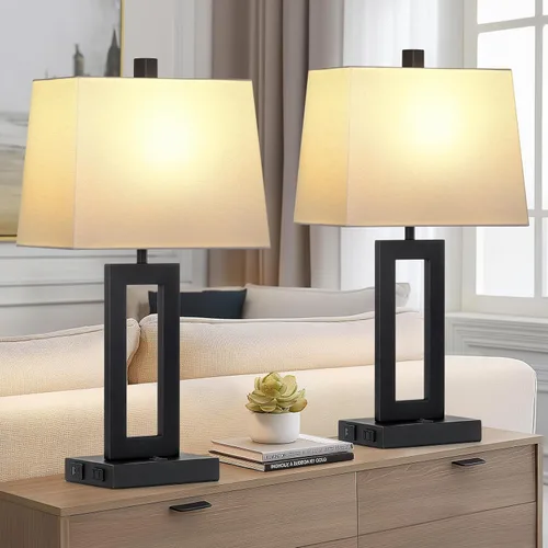 Vista 6 de Cinkeda Juego de 2 lámparas de mesa con puertos USB C+A y salida de CA, lámparas de noche, lámparas modernas para dormitorio, lámparas negras