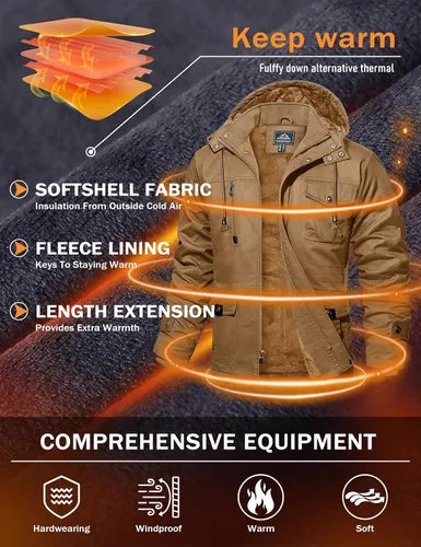 Vista 3 de MAGCOMSEN Chaqueta de invierno para hombre, con forro polar de algodón, chaquetas cálidas para trabajo, abrigos militares con 6 bolsillos