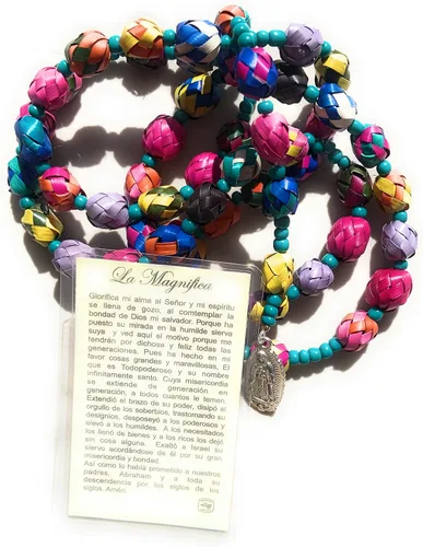 Vista 3 de Rosario hecho a mano Nuestra Señora de Guadalupe Virgen de color de la palma rosario con oración católica cristiana Collar largo Rosario de palma