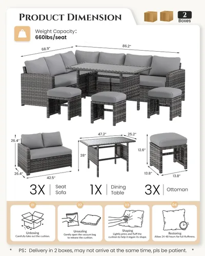 Vista 7 de U-MAX - Juego de muebles de patio, 7 piezas para sofá seccional para exteriores Ratán gris y cojín gris