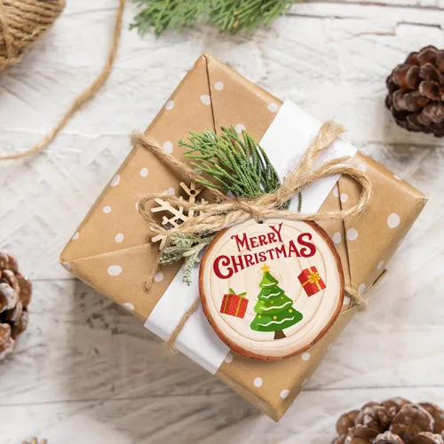 Vista 6 de Max Fun Juego de 30 rebanadas de madera natural de 2.4 a 2.8 pulgadas, adornos de Navidad sin terminar preperforados con agujero, círculos de madera