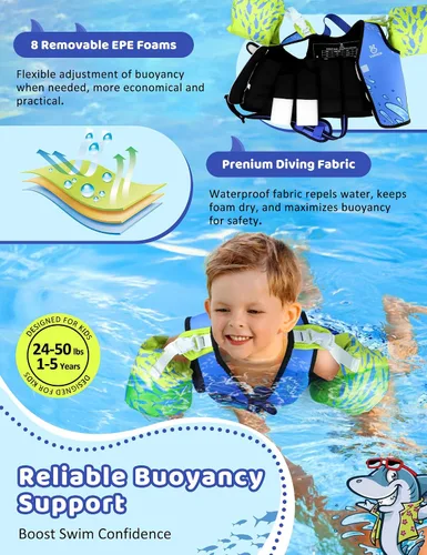 Vista 3 de Vvinca Toddler Swim Vest for Kids 24-50lbs,Toddler Floaties Puddle Pool Float Jumper 24-30-50 Pounds for Girls Boys Ages 1-5 with Detachable Arm