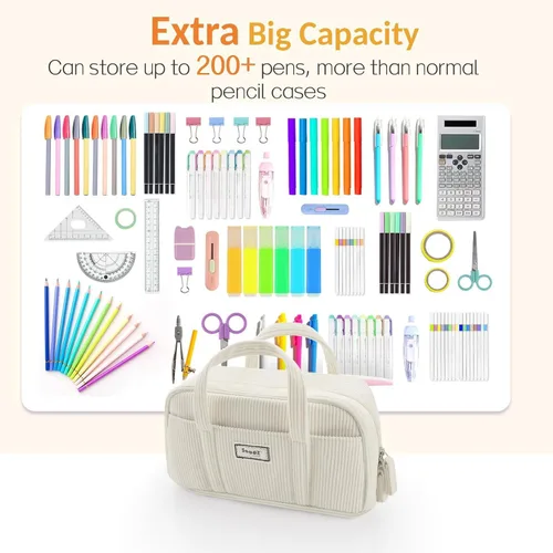 Vista 3 de Sooez Estuche grande para lápices, extra grande con 5 compartimentos, bolsa para bolígrafos de amplia apertura, organizador de pana suave con Beige