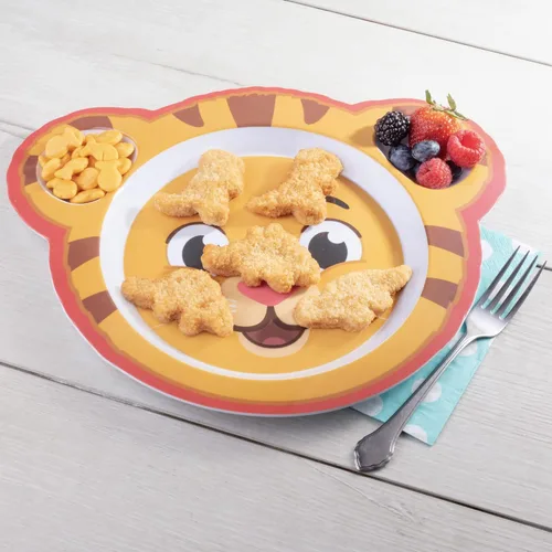 Vista 4 de Daniel Tiger - Juego de platos de alimentación de melamina, cuatro (4) lindos platos para niños con Daniel, carrito y amigos, compartimentos