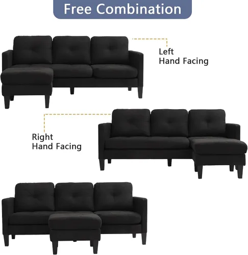 Vista 3 de Grepatio Sofá modular convertible, sofá en forma de L con tela de lino moderna para espacio pequeño (negro)