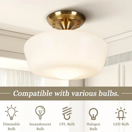 Vista 4 de Lámpara de techo estilo casa escolar semiempotrada con bombilla regulable y control remoto, lámpara de techo moderna dorada de 12" con pantalla