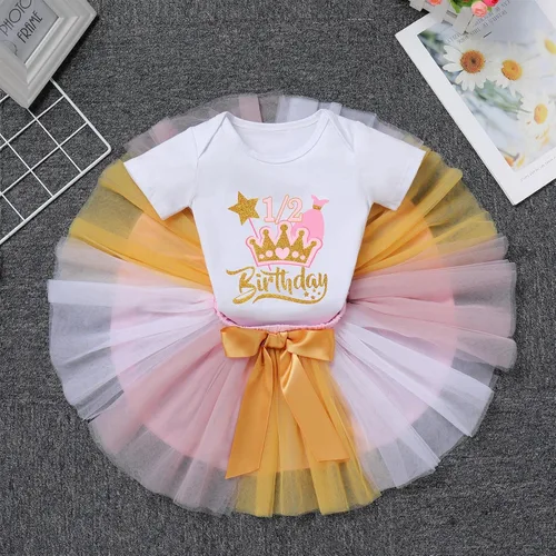 Vista 3 de IDOPIP Traje de cumpleaños 12 para niñas con corona de bebé, falda tutú, corona de lentejuelas, diadema para decoración de fotos de pastel