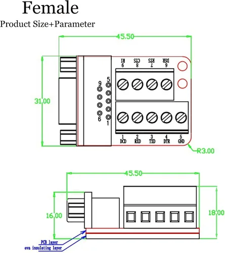 Vista 7 de DB9 Conector de conexión hembra – RS232 D-SUB a puerto de 9 pines adaptador de terminal sin soldadura para conexiones seriales RS232 – 3 piezas