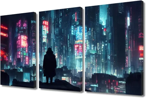Vista 35 de Arte de pared de 3 piezas de escena de ciencia ficción de la calle comercial futurista paisaje urbano, decoración de pared para dormitorio