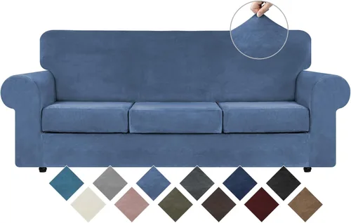 Vista 21 de WEERRW 4 Piezas Fundas de Terciopelo de Alta Elasticidad para Sofá de 3 Cojines Fundas de Sofá, Protector de Muebles Lavable con Parte Inferior