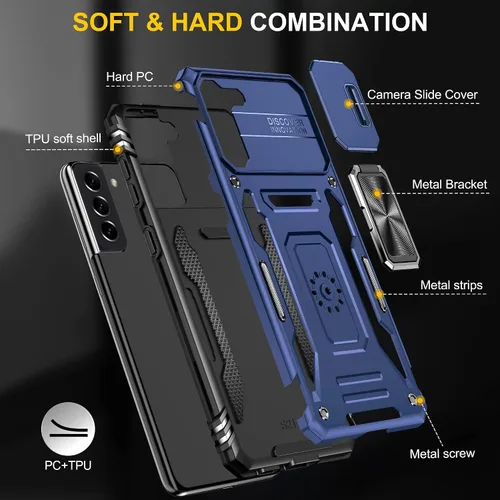 Vista 4 de Funda para Samsung Galaxy S21 FE 5G con cubierta para lente de cámara, protector de pantalla HD, soporte de anillo magnético probado contra caídas