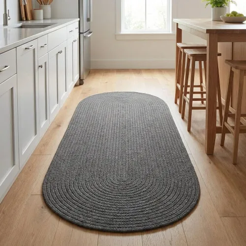 Vista 20 de Super Area Rugs Alfombra trenzada gris pequeña para puerta – Tejido lavable para fregadero de cocina, tapete gris sólido, ovalado, 20 x 30 pulgadas