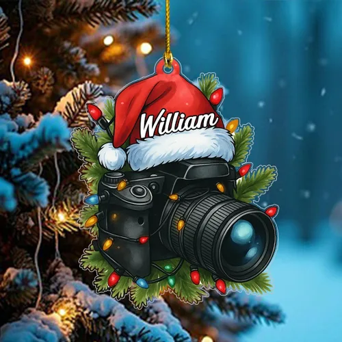Vista 4 de Adorno de fotógrafo personalizado 2025, adorno de cámara con nombre, decoración de árbol para amantes de la fotografía, recuerdo único de vacaciones