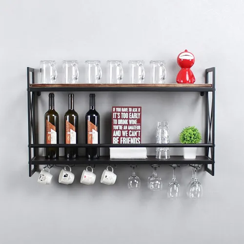 Vista 10 de MBQQ Estantes de vino rústicos montados en la pared con soporte para vidrio de 6 vástagos, estante de vino industrial de metal de 23.6 pulgadas
