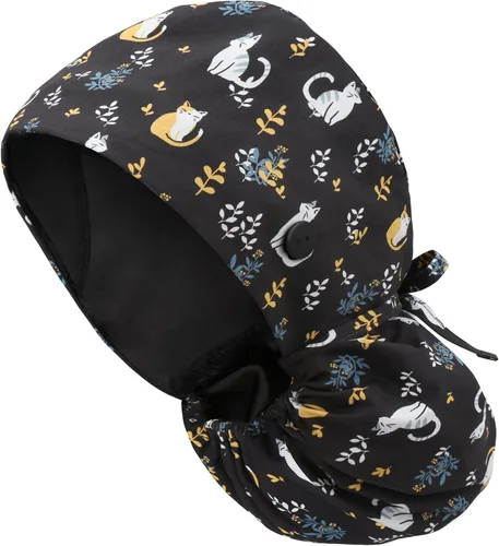 Vista 39 de Gorra médica con forro de satén con bolsillo para cola de caballo, gorro de enfermera médica de algodón con banda elástica para el sudor
