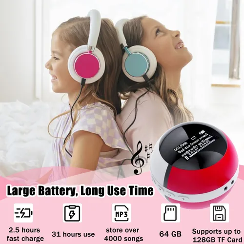 Vista 6 de Reproductor de MP3 de 64 GB para niños, reproductor de MP3 con Bluetooth 5.0, mini reproductor de música Monster Ball, compatible con altavoz, radio