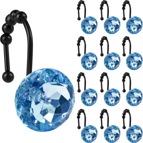 Vista 24 de Sunlit Diseño de Lujo Redondo Aqua Azul Diamante Cristal Gema Bling con Bolas Deslizantes Ganchos para Cortina de Ducha, Anillos para Cortina