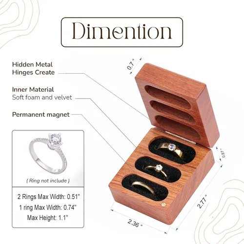 Vista 2 de Caja para anillos de madera con 3 ranuras, caja de madera hecha a mano para anillos de ceremonia de boda, grabada para compromisopropuesta, estuche