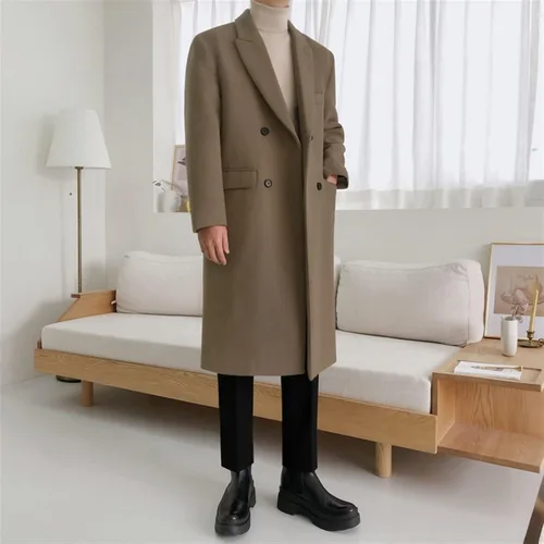 Vista 3 de Mens Coat Double Breasted Notched Lapel Collar Knee Length Outdoor Classic Windbreaker Winter