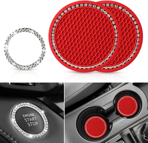 Vista 9 de OUZORP Paquete de 2 posavasos azules para automóvil con botón de arranque y anillo brillante, 1 paquete Posavasos antideslizantes para portavasos
