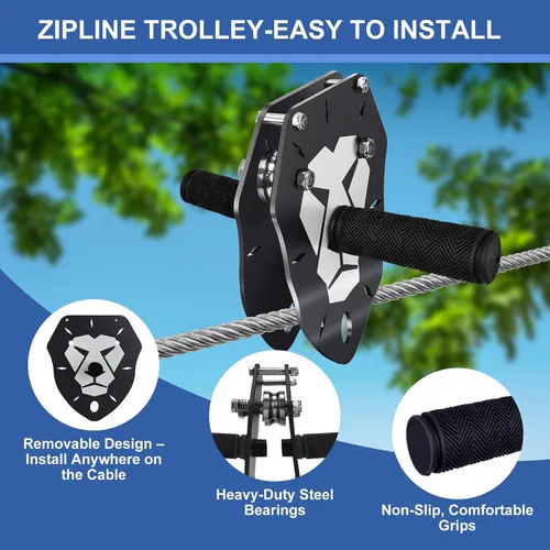 Vista 3 de Kit de línea de zíper de 110 pies para niños y adultos, hasta 360 libras - Carrito removible actualizado, asiento acolchado, arnés de seguridad