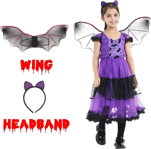 Vista 3 de EOZY Disfraz de murciélago de princesa para niñas con diadema y alas para Halloween