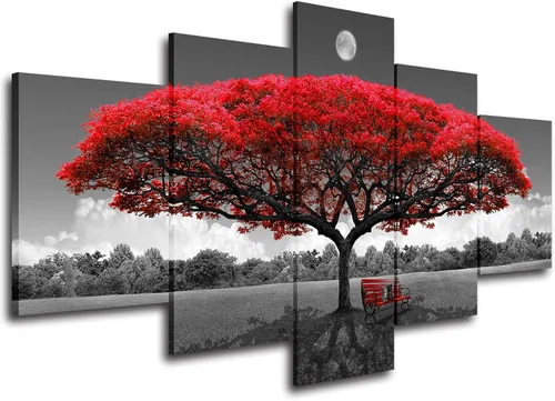 Vista 7 de Lienzo decorativo para pared, árbol rojo, arte de pared enmarcado en blanco y negro, paisajes para decoración de pared, imágenes para sala de estar
