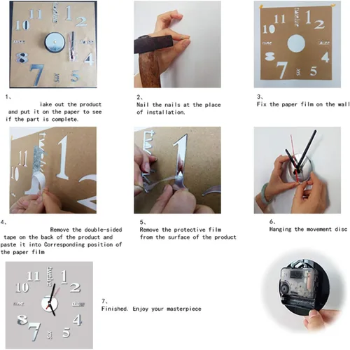 Vista 6 de Gran reloj de pared 3D DIY sin marco, decoración de espejo sin marco, kit de reloj de pared para el hogar, sala de estar, dormitorio, decoración