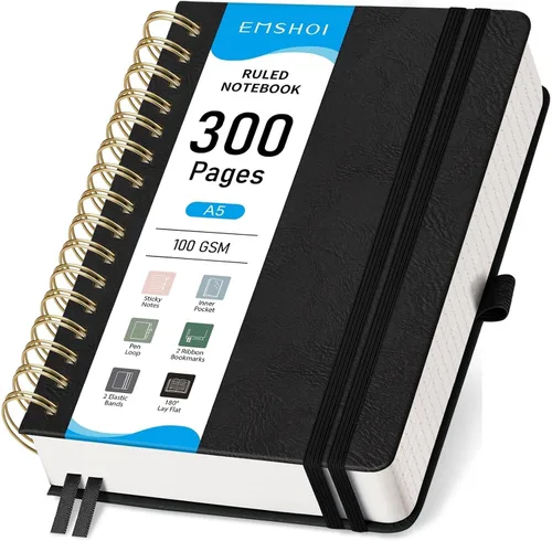 Vista 17 de EMSHOI Cuaderno con espiral de la universidad rayado, 300 páginas numeradas, A4 tapa dura grande de cuero, cuaderno rayado grueso de 100 g/m²