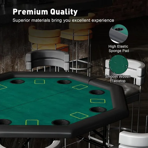 Vista 3 de Mesa de póquer plegable, mesa de cartas octágono con soporte para tazas, mesa de ocio de casino, mesa de póquer Texas Hold 'Em plegable para juego