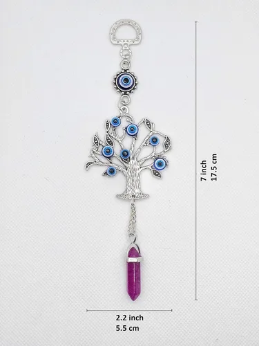 Vista 3 de LUCKBOOSTIUM Amuleto plateado con árbol de la vida con ojo malvado azul y piedra preciosa de cristal, dije para crecimiento, fuerza, protección