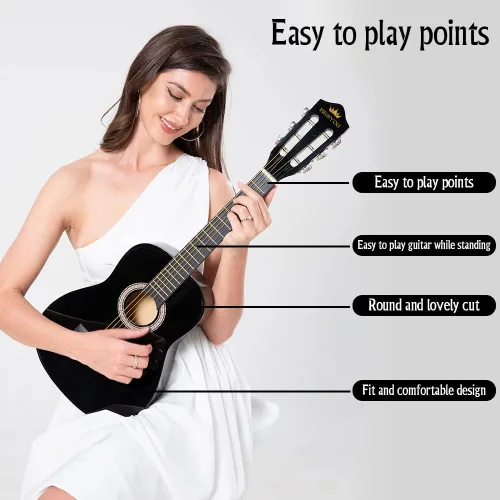 Vista 3 de Guitarra Acústica Negra para Principiantes de 30 pulgadas, Paquete de Inicio, Guitarra para Estudiantes/Niños con Funda, Correa, 2 Púas, Cuerdas