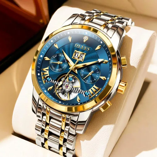 Vista 2 de OLEVS Relojes de cuerda automática para hombre, reloj mecánico automático Tourbillon de acero inoxidable con doble calendario, impermeable, luminoso