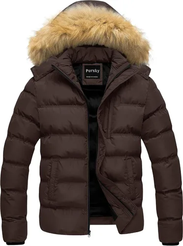 Vista 23 de Pursky Chaqueta de plumón impermeable para hombre, abrigos de invierno con capucha de piel para esquiar, parka con capucha de piel Verde militar