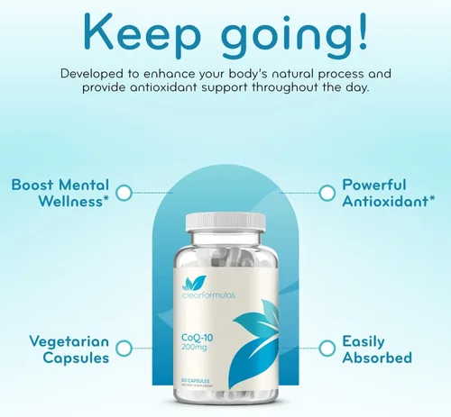 Vista 5 de Clear Formulas Absorción Rápida CoQ10 200mg - Coenzima Q10 200mg Potente antioxidante para la energía cardíaca y el envejecimiento - Cápsulas