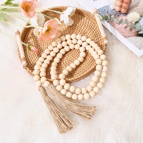 Vista 11 de OMISHE Guirnalda de cuentas de madera de 59 pulgadas con borlas, cuentas decorativas, guirnalda de cuentas de madera de granja para colgar