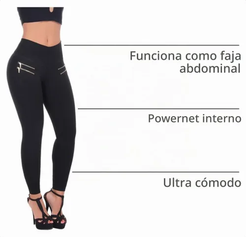 Vista 4 de Leggings de algodón para mujer con cremalleras con moldeador interno de cuerpo y levantador de glúteos, múltiples estilos 1172/Negro