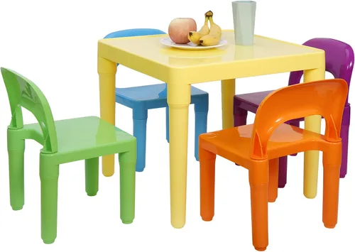 Vista 2 de Juego de mesa y 4 sillas para niños, escritorio de plástico resistente para niños pequeños para leer, arte, tareas