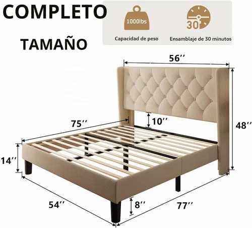 Vista 2 de iPormis - Base de cama tapizada de tamaño completo con cabecera capitonada con botones, base de cama tapizada con listones de madera sólidos, 20 cm