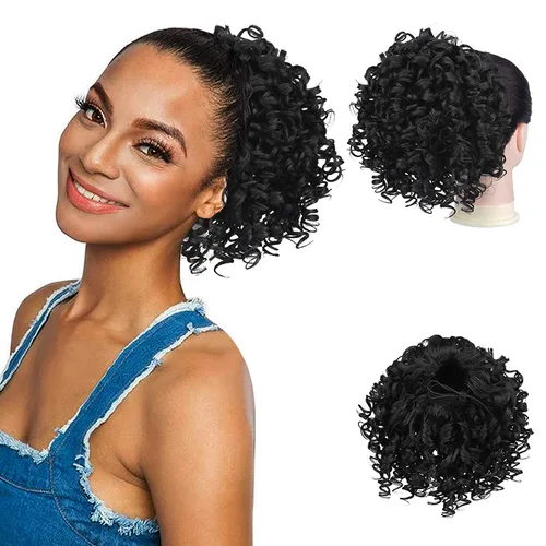Vista 11 de PEACOCO Extensión de cola de caballo rizada con cordón para mujeres negras - Cola de caballo de 6 pulgadas con clip, postizo sintético de afro corto