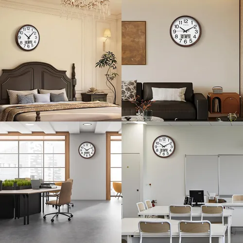 Vista 6 de Reloj de pared TIMESS, acabado clásico estilo madera, de 11 pulgadas, silencioso, sin tictac, funciona con pilas, de cuarzo, analógico