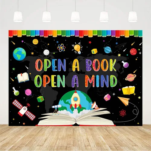 Vista 2 de AIBIIN Telón de fondo para fotografía del Día Mundial del Libro de 7 x 5 pies para fotografía Abrir un libro Abrir una mente Niños Estudiantes Aula