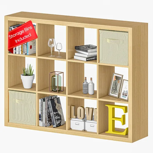 Vista 45 de Estantería con contenedor de almacenamiento, organizador de almacenamiento de 6 cubos, estantería abierta de madera moderna, estante de cubículos