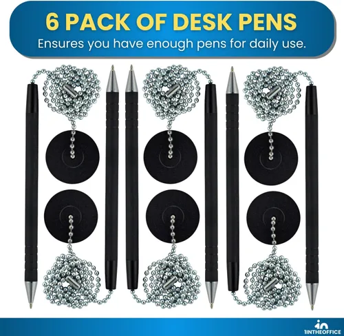 Vista 6 de 1InTheOffice Bolígrafo con cadena, bolígrafo de seguridad para mostrador, almohadilla redonda adhesiva, negro, paquete de 6