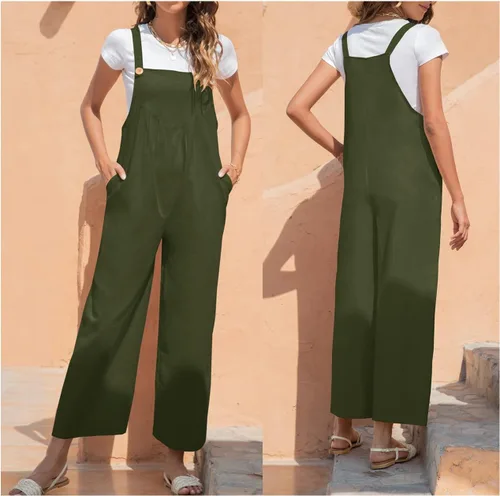 Vista 2 de Flygo Overol holgado casual para mujer, overol plisado de pierna ancha con pechera