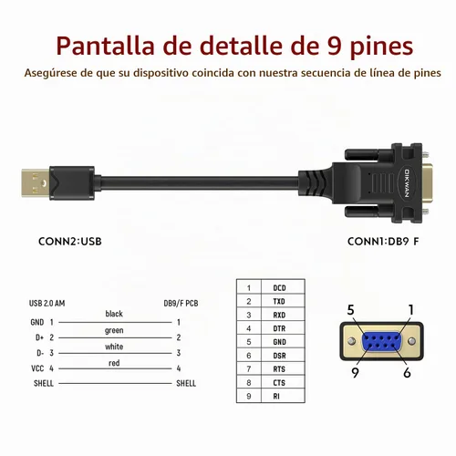 Vista 4 de Adaptador USB a serie RS232 con chipset FTDI - Cable USB 2.0 a serie DB9 hembra para Windows y Mac (6 pies)