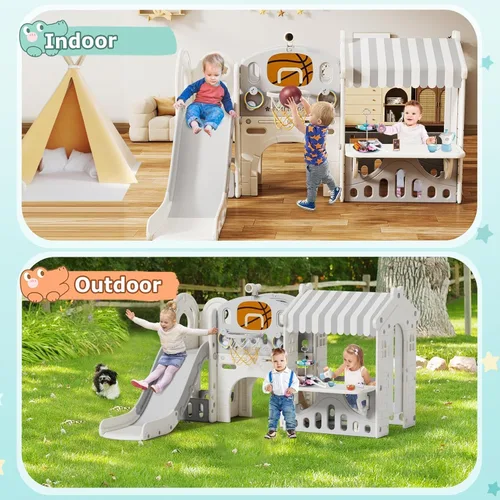 Vista 5 de BIERUM Tobogán 10 en 1 para niños pequeños con aro de baloncesto, tobogán interior para niños pequeños de 1 a 3 años con casa de juegos para niños